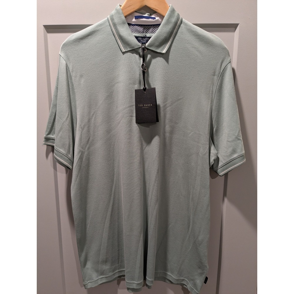 NWT Ted Baker London Mens Light Green Stripe Detail Short Sleeve Polo Shirt Sz 5